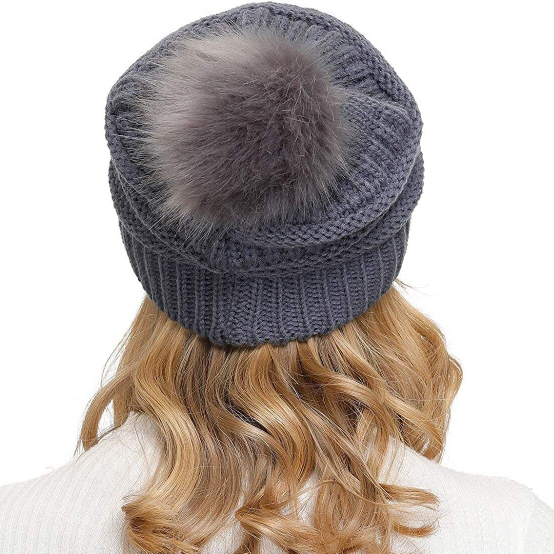 Women Knit Slouchy Beanie Hat with Detachable Faux Fur Pompom