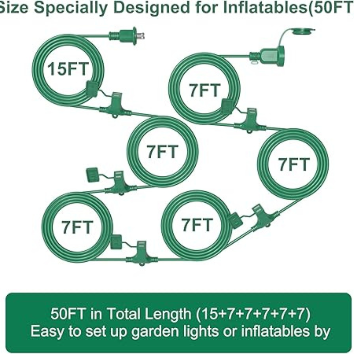 50FT Long Green Waterproof Extension Cord with 6 Outlets