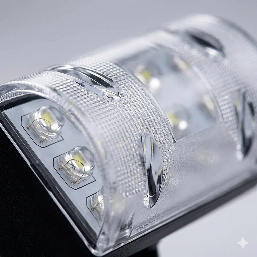This close-up highlights the textured lens and internal LED components of a high-quality solar landscape light. The shallow depth of field emphasizes the intricate diamond-pattern diffuser designed for optimal light dispersion and durability.