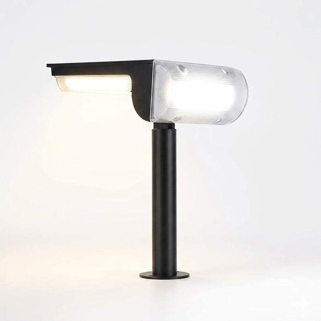 A profile view of a black solar landscape light features a unique T-shaped head with illuminated front and side LED panels. The product is shown mounted on a short, sturdy post with a flat base, emphasizing its modern design and soft, warm light output.