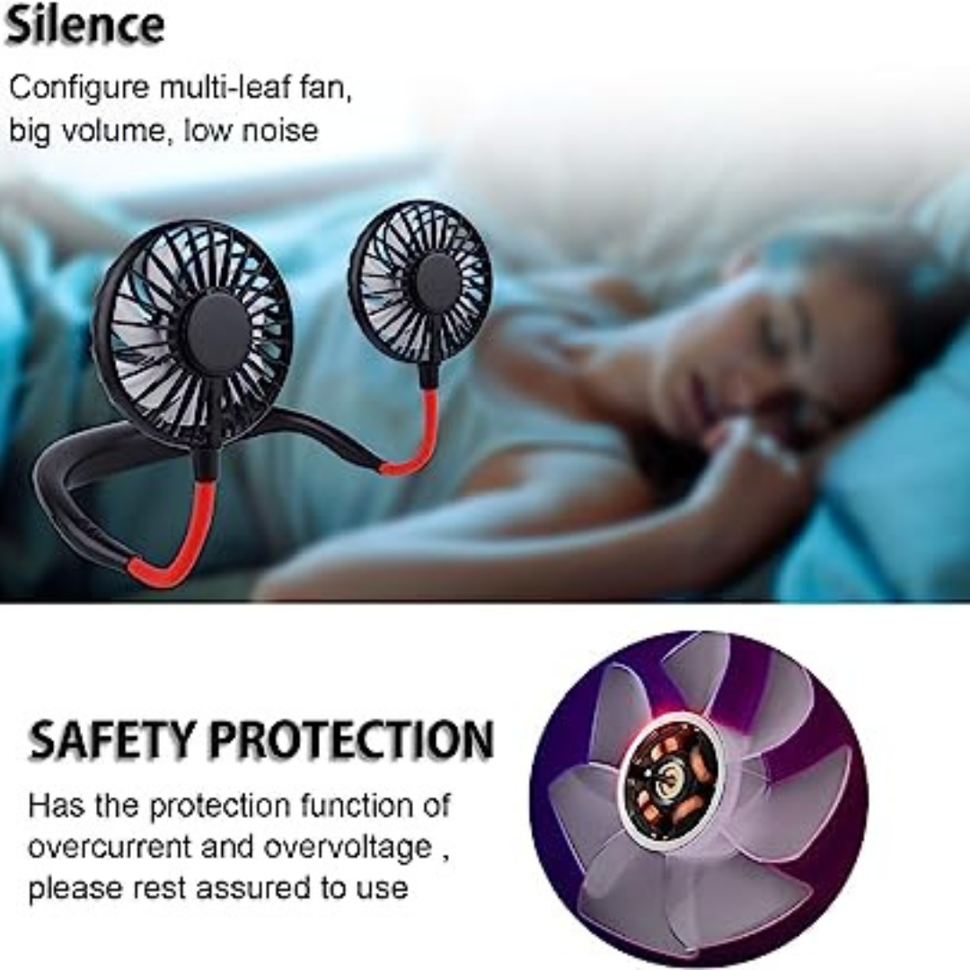 Portable Neck Fan USB Rechargeable with 3 Speeds Adjustable and LED Light