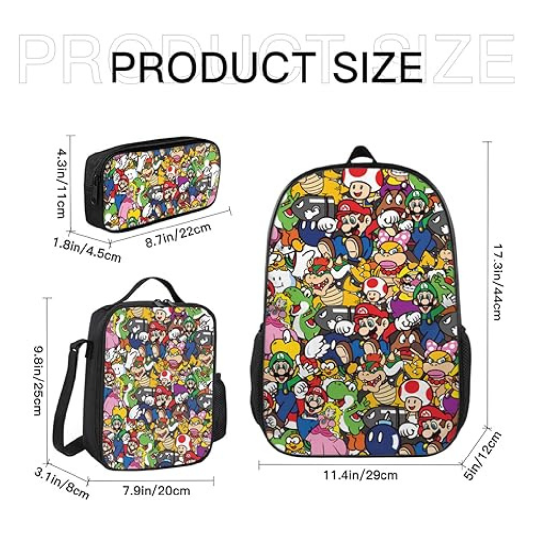 3pcs Set Super Mario Smash Bros Kid's Backpack with Lunch Bag & Pencil Case