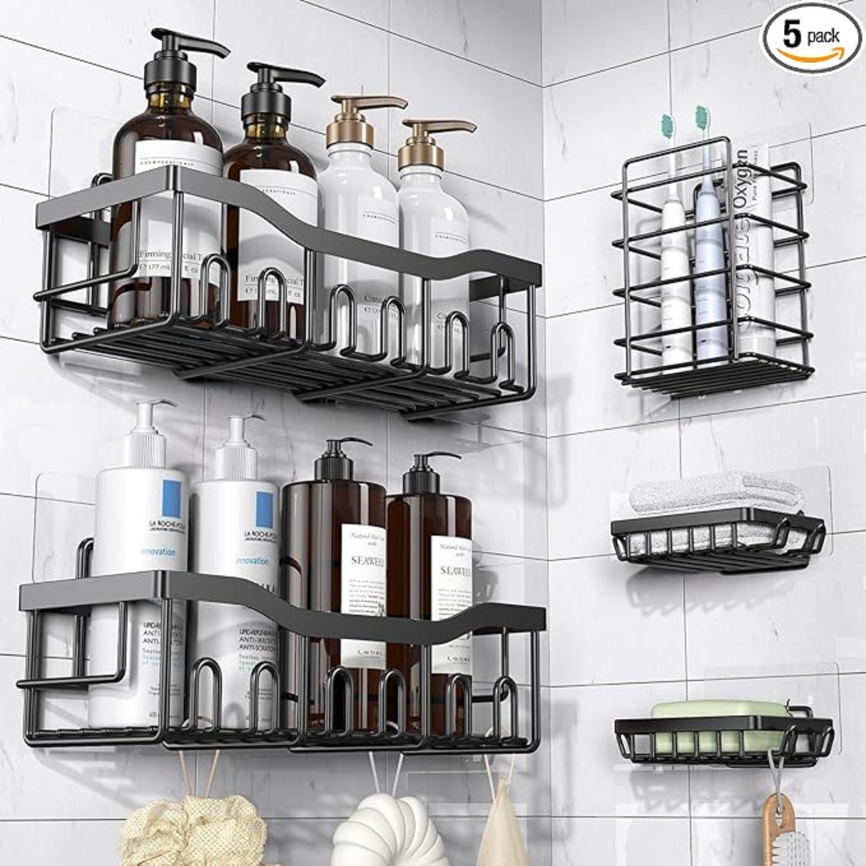 Black wall-mounted shower caddy with bottles on a tiled bathroom wall.