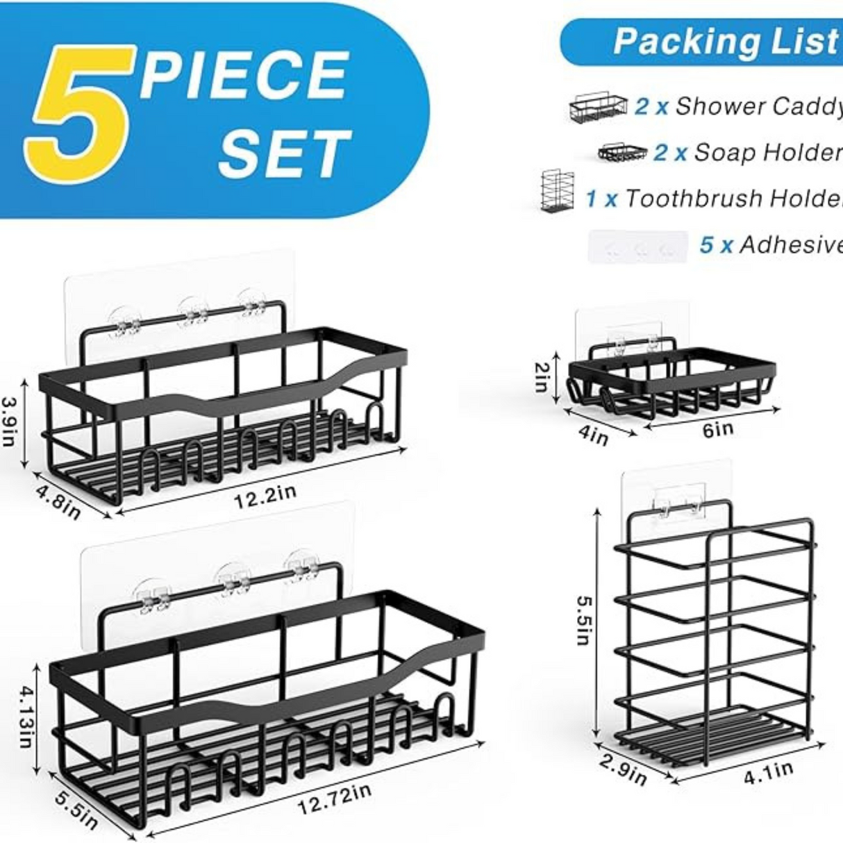 5-piece bathroom storage set with dimensions and packing list on a white background