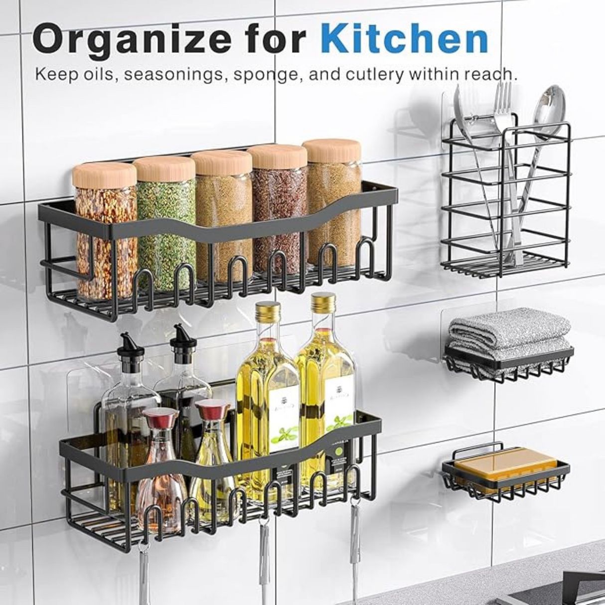 Kitchen organization system with shelves holding bottles, jars, and cutlery against a tiled wall.