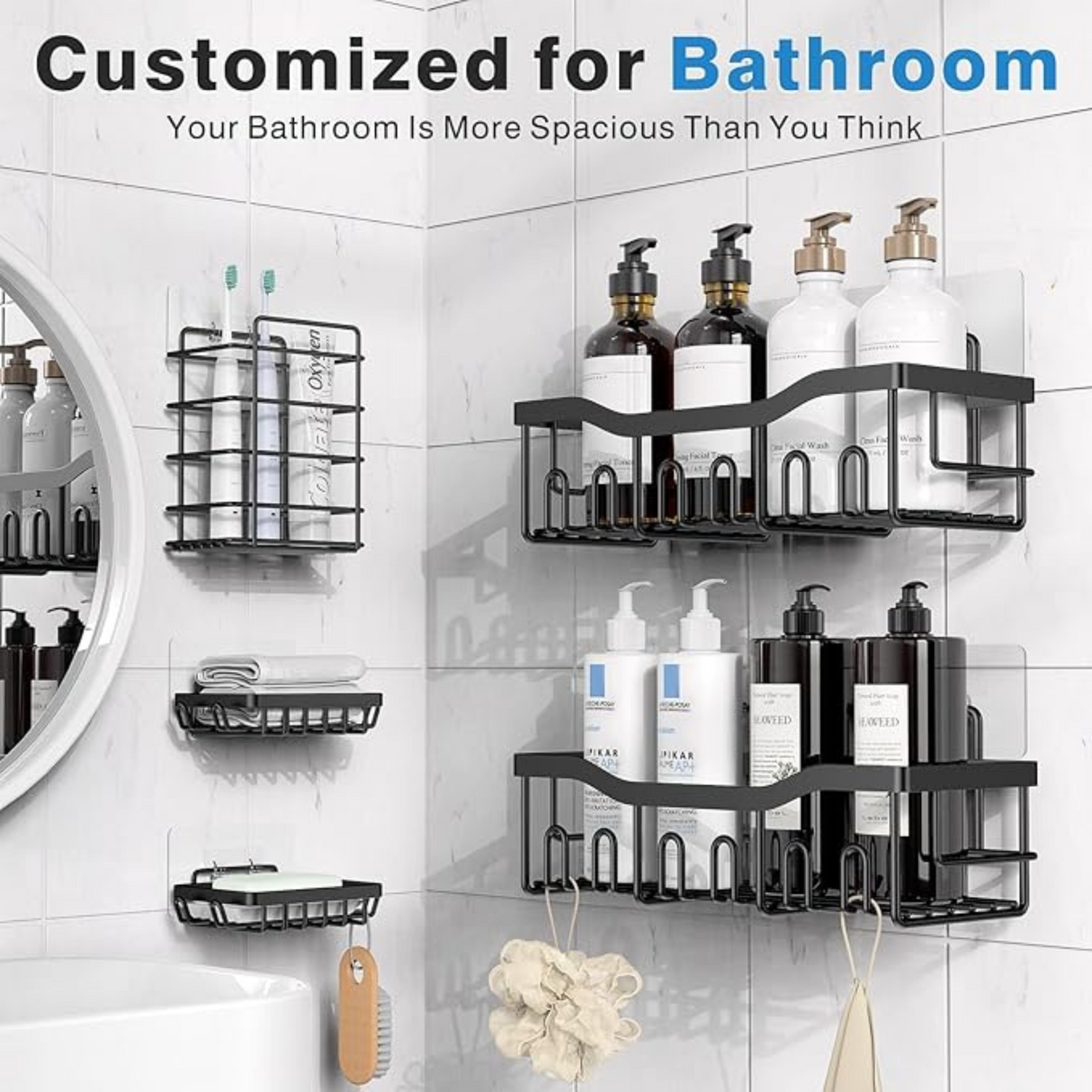 Bathroom wall shelves with toiletries on a tiled bathroom wall.