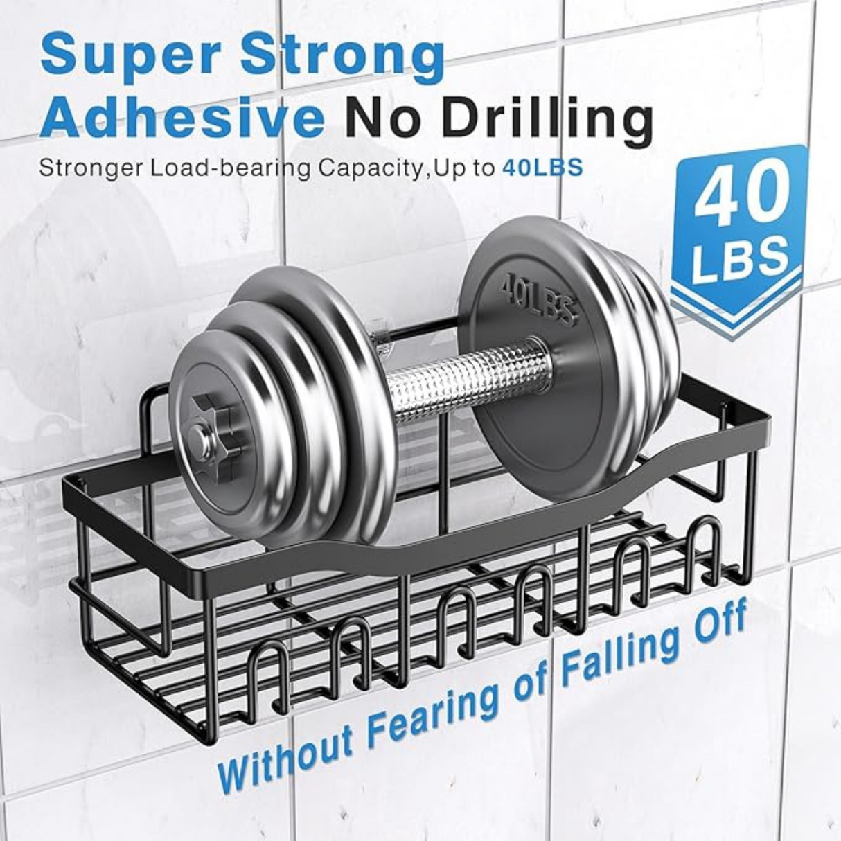 Wall-mounted storage rack holding a dumbbell with text about adhesive strength and weight capacity.