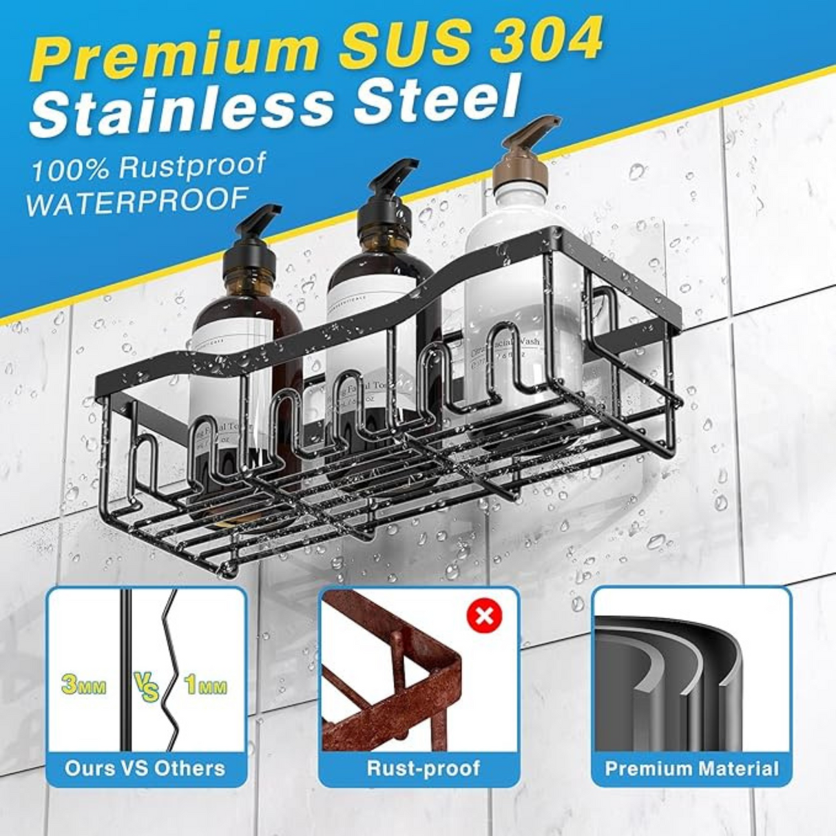 Stainless steel shower caddy with bottles on a tiled wall background, highlighting rustproof and waterproof features.