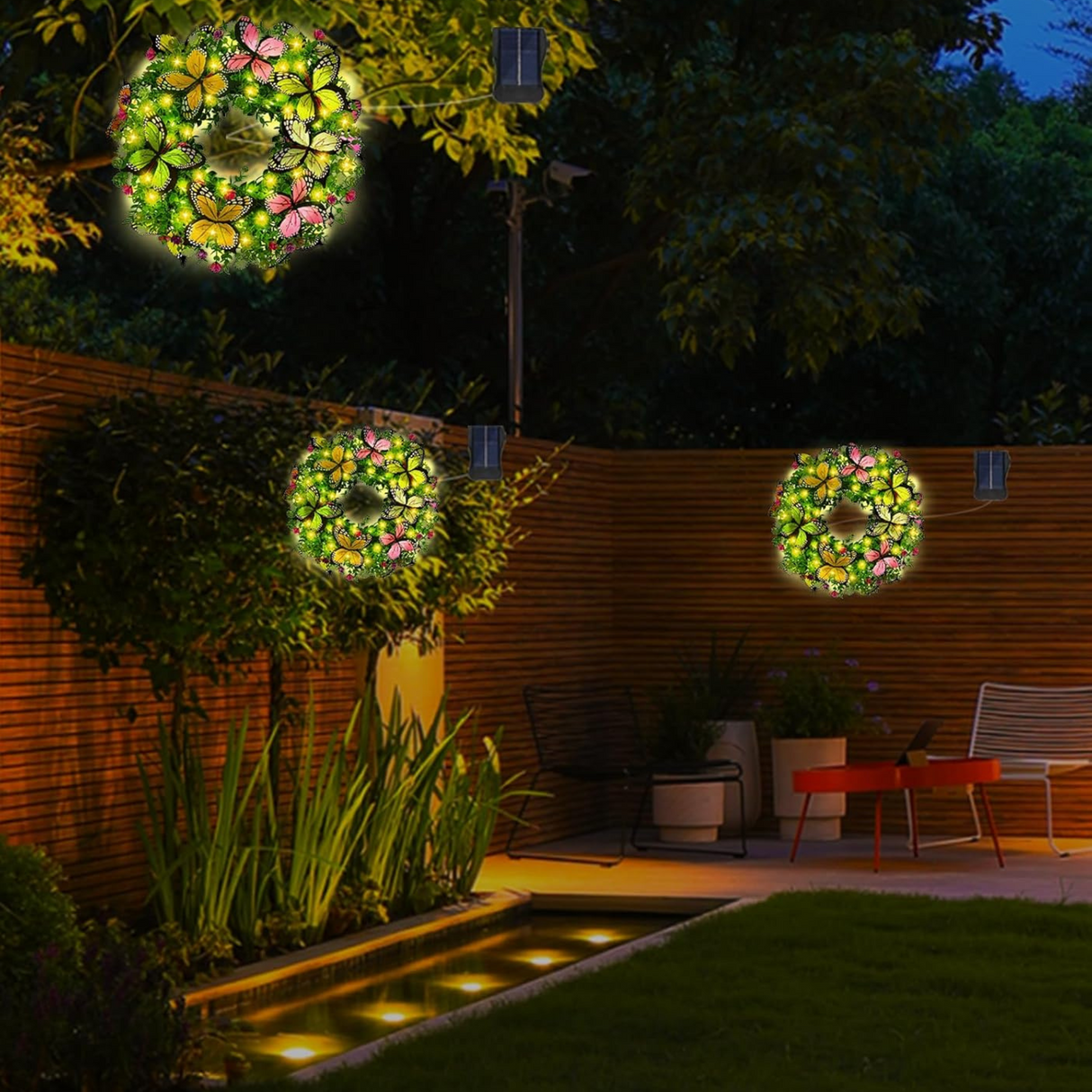16 Inch Spring Wreaths Solar Lights with Artificial Flowers and Butterflies