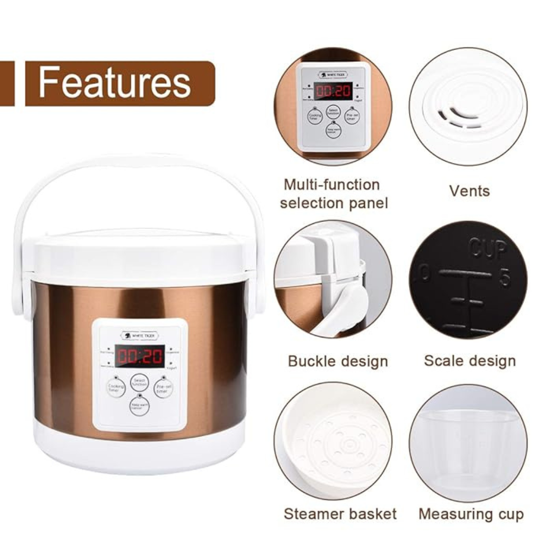 2L White Tiger Electric Portable Rice Cooker with Digital Display