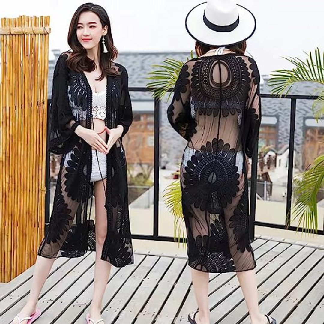 Women’s Lace Cardigan Half Sleeve Black Floral Crochet Sheer Beach Cover Ups, One Size