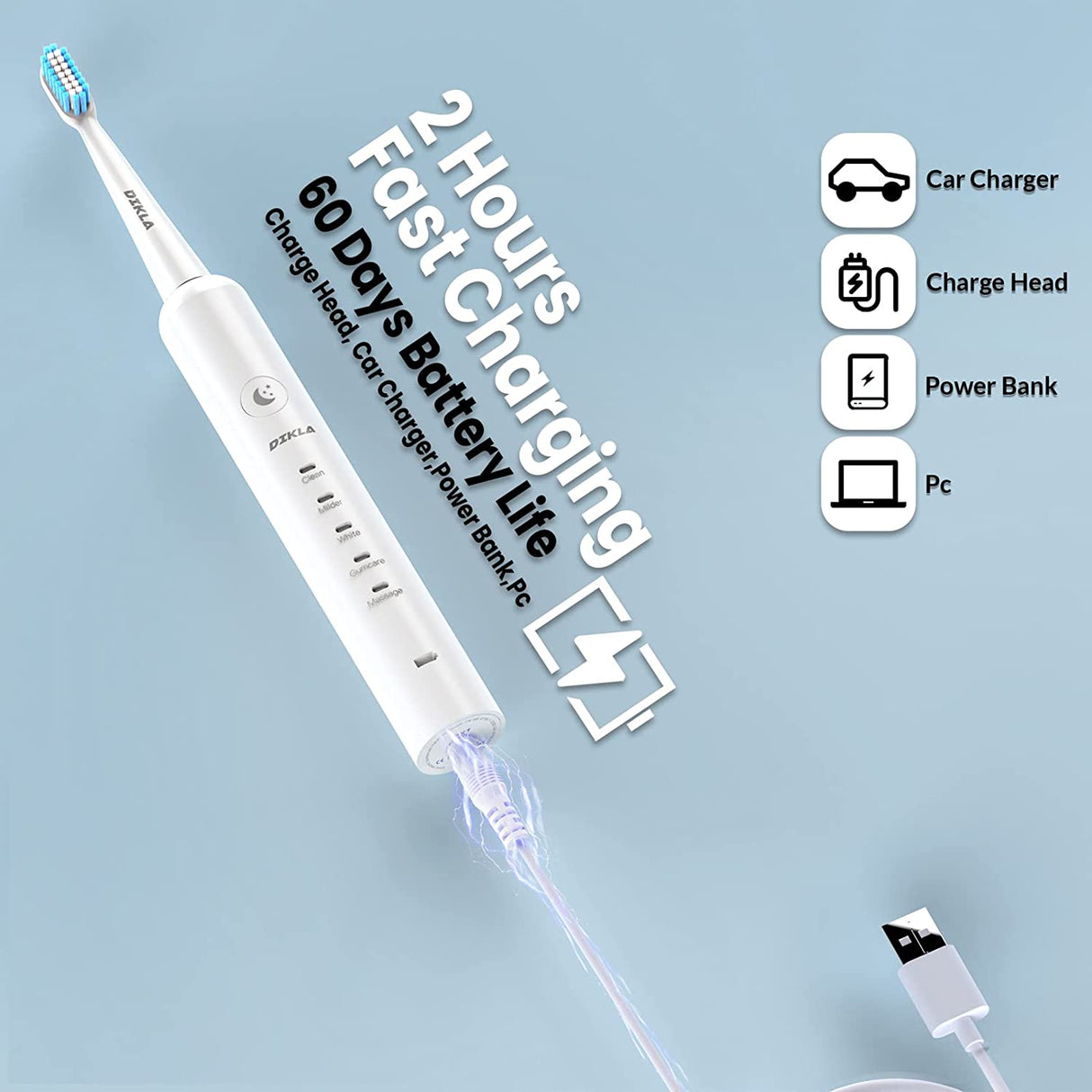 Dikla Electric Rechargeable Powered Toothbrush for Adults, White