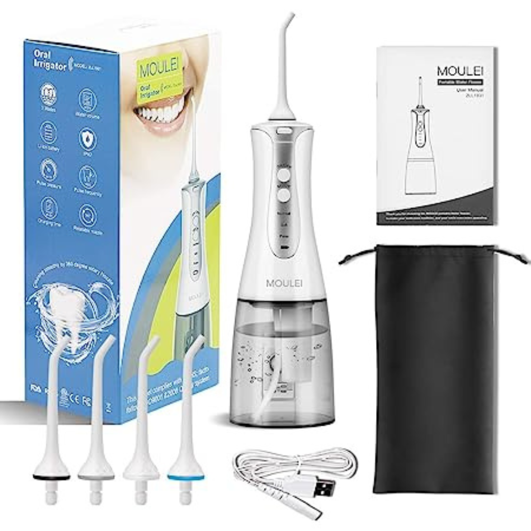 Moulei Portable Dental Water Flosser IPX7 Waterproof 3 Modes and 4 Jet Tips
