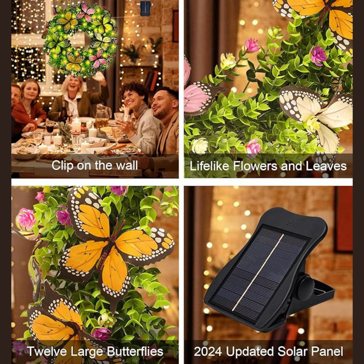 16 Inch Spring Wreaths Solar Lights with Artificial Flowers and Butterflies