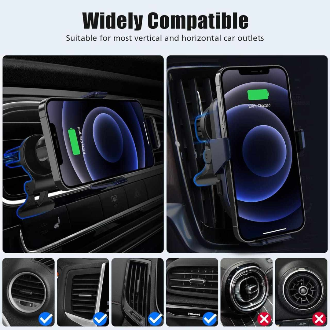 Wireless Car Charger, 15W Qi Fast Charging, Auto-Clamping Air Vent Car Phone Holder Mount Charger