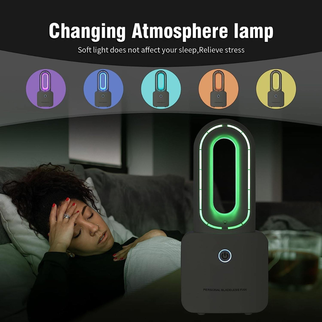 Portable Leafless Bladeless Personal Cooling Fan with 6-Color LED Ambient Lights Rechargeable