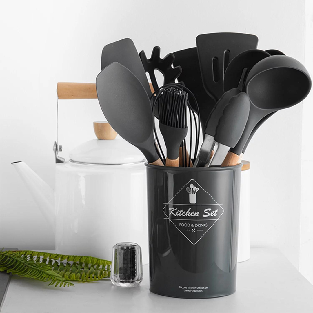 9pcs Silicone Kitchen Cooking Utensil Set Wooden Handle