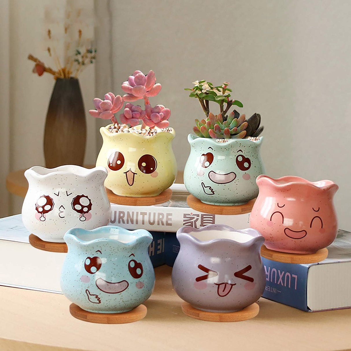 6 piece Flower Pots Ceramic Flowing Glaze Base Serial Set