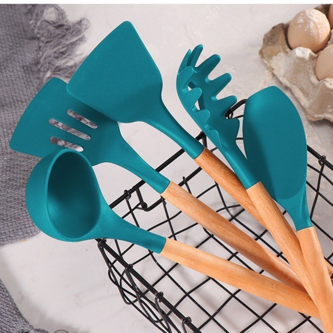 9pcs Silicone Kitchen Cooking Utensil Set Wooden Handle