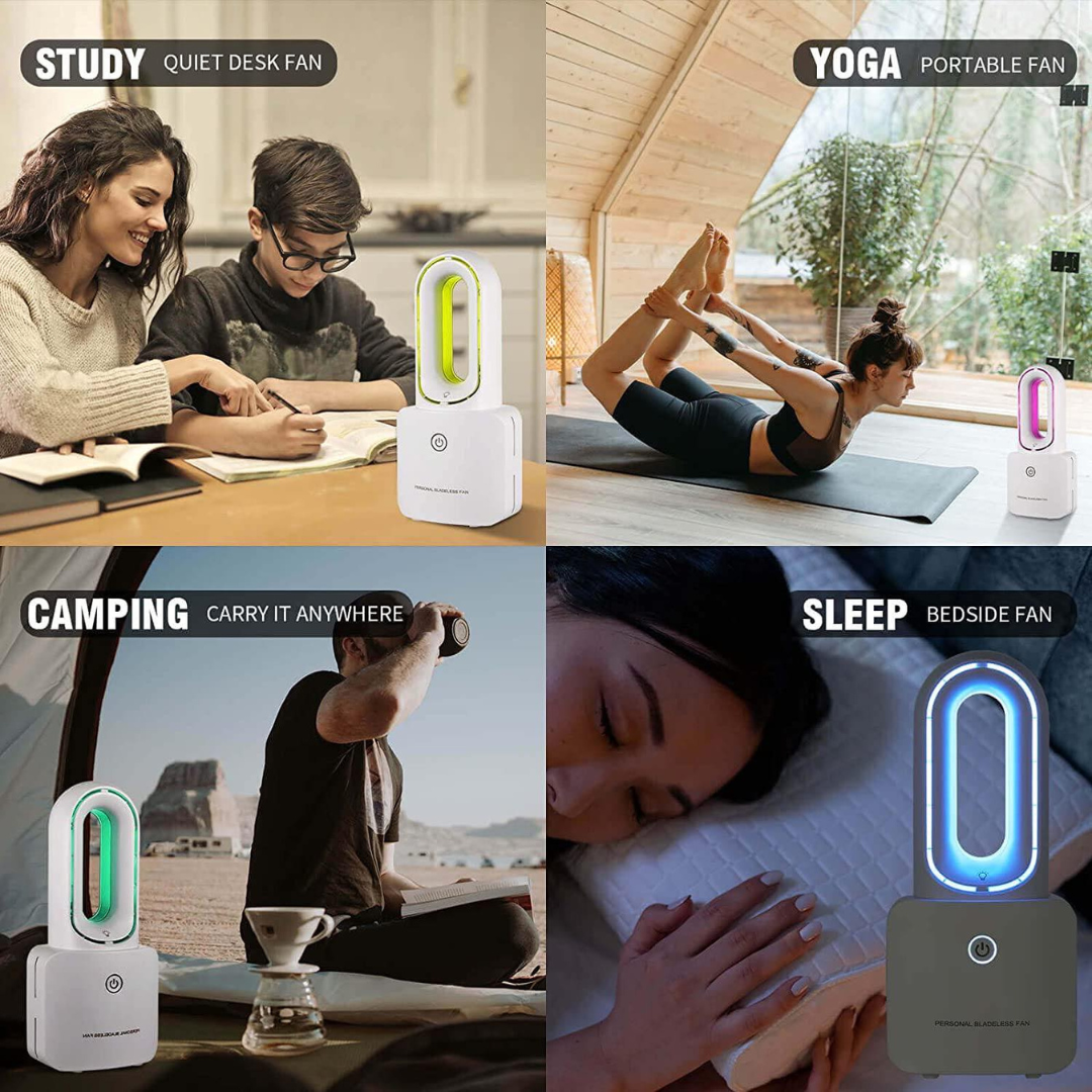 Portable Leafless Bladeless Personal Cooling Fan with 6-Color LED Ambient Lights Rechargeable