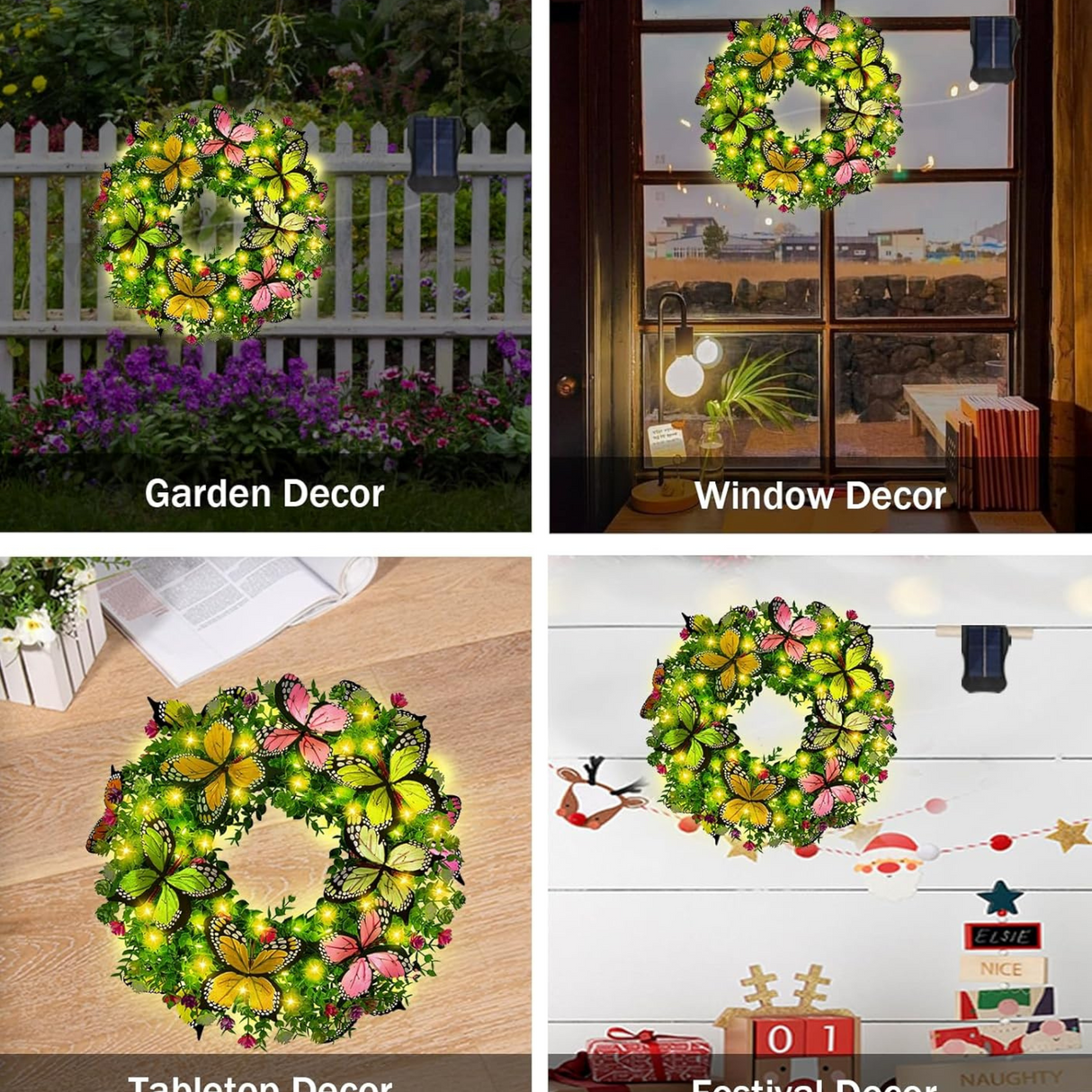 16 Inch Spring Wreaths Solar Lights with Artificial Flowers and Butterflies
