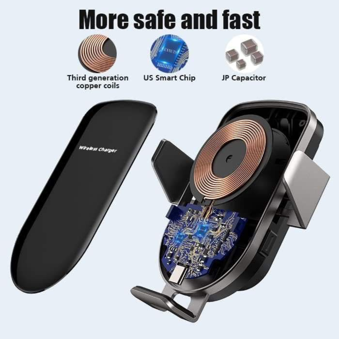 Wireless Car Charger, 15W Qi Fast Charging, Auto-Clamping Air Vent Car Phone Holder Mount Charger