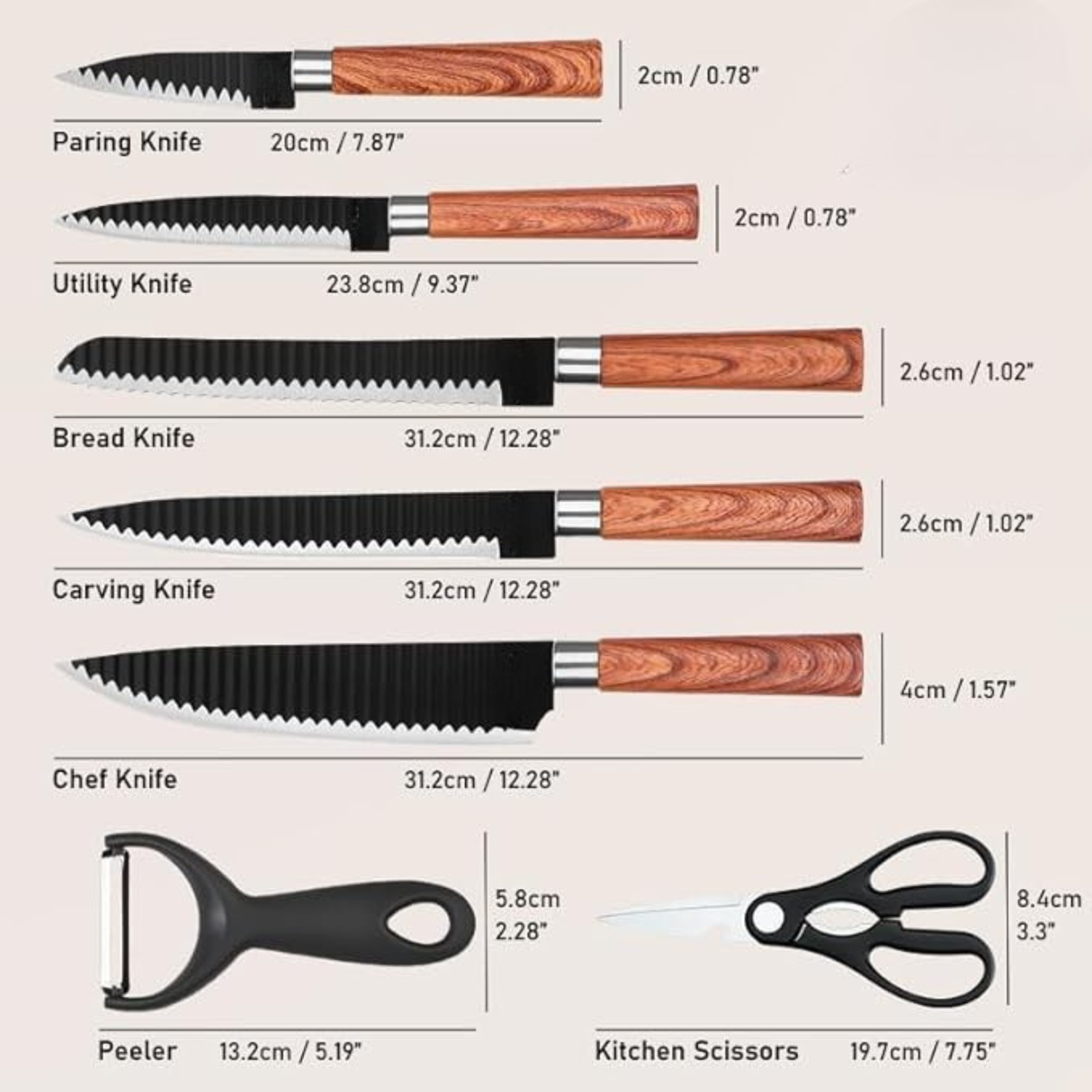 7 Piece Premium Stainless Steel Kitchen Knife Set with Ergonomic Wood Pattern Handle