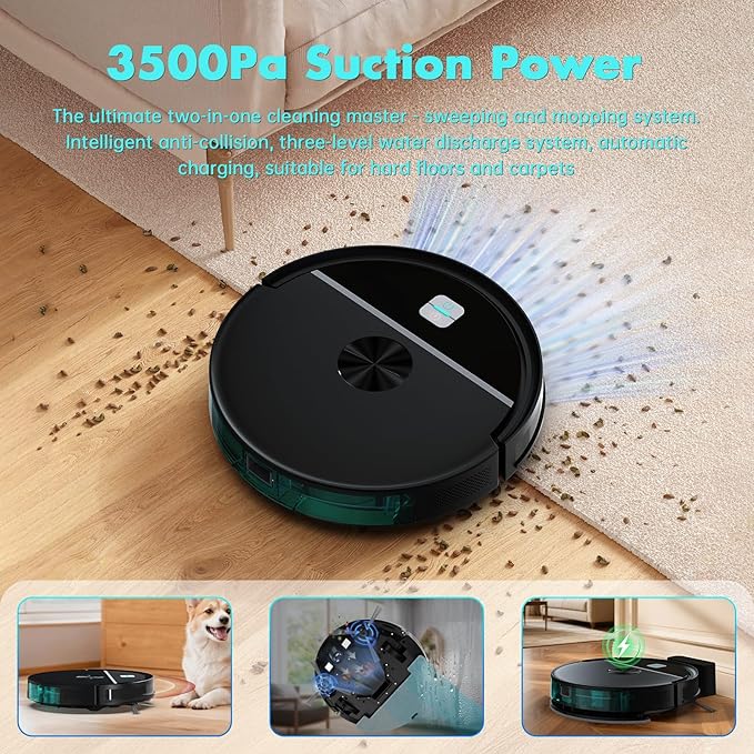 2 in 1 Ecohome Robot Vacuum and Mop Combo 3500Pa Powerful Suction with WiFi and Remote