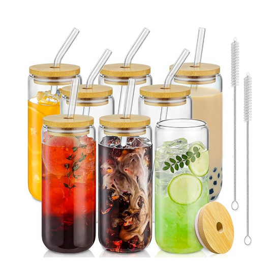 8pc Glass Cups with Bamboo Lids and Straw, 16oz Can Shaped Drinking Glasses