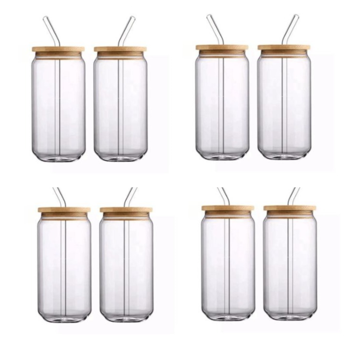 8pc Glass Cups with Bamboo Lids and Straw, 16oz Can
