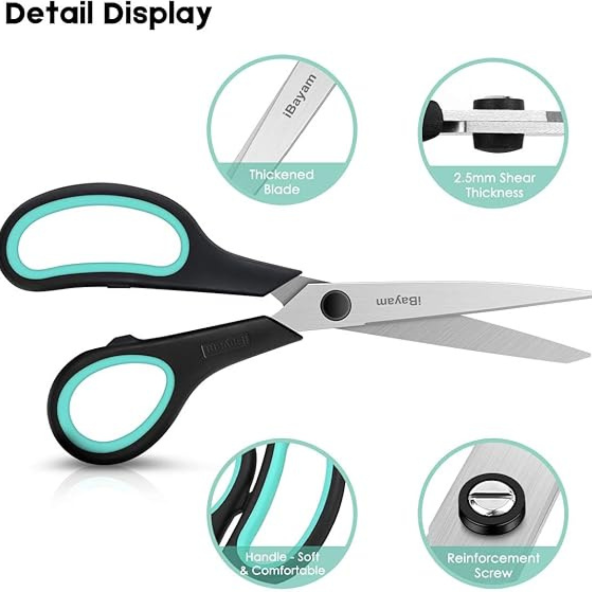 Detailed view of 8 inch heavy duty scissors set highlighting thick blades and sturdy screw joint. Soft grip handle ensures comfort during use.