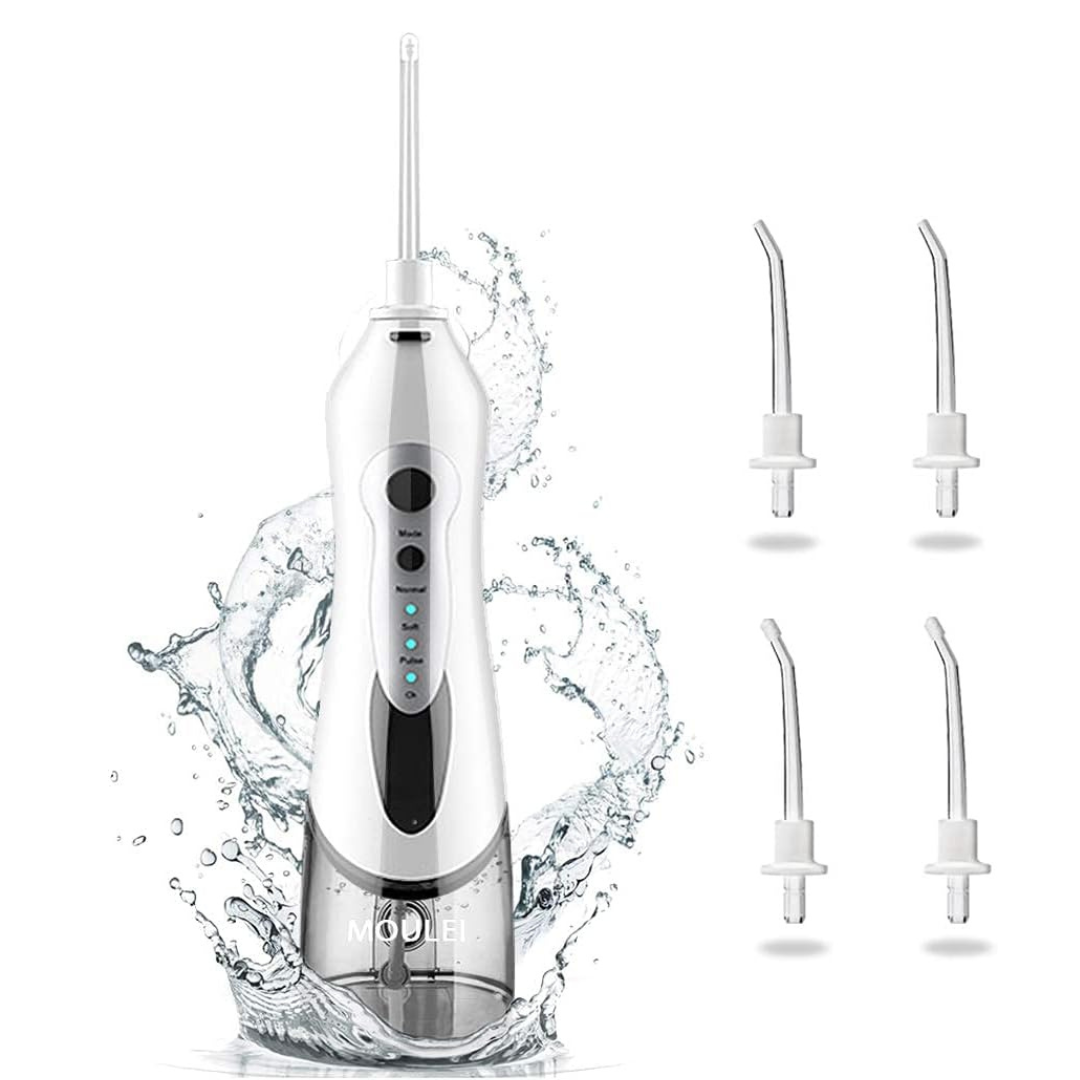 Moulei Portable Dental Water Flosser IPX7 Waterproof 3 Modes and 4 Jet Tips