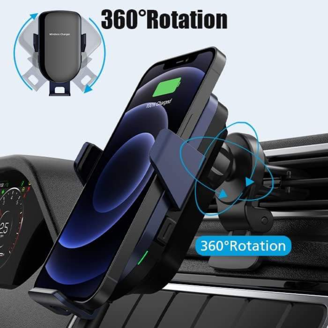 Wireless Car Charger, 15W Qi Fast Charging, Auto-Clamping Air Vent Car Phone Holder Mount Charger