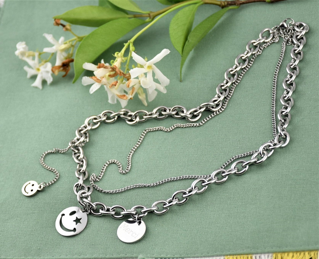 Fashion Hip Hop Chunky Cuban Chain Smiley Face Layered Choker Necklace