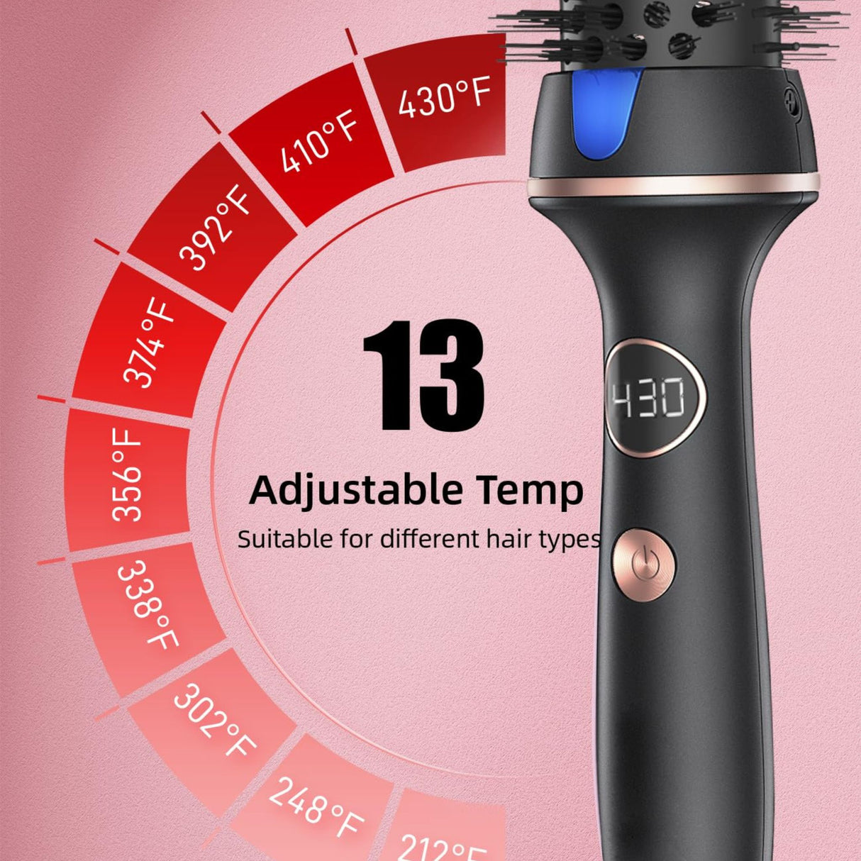 Thermal curling brush with 13 adjustable temperature settings displayed on screen. Suitable for different hair types and styling needs.