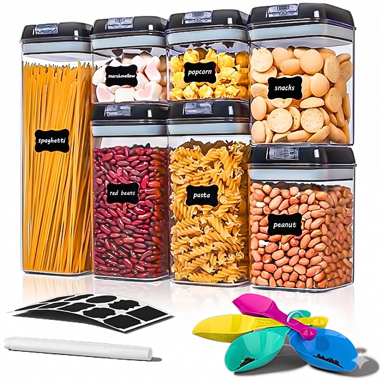 Assorted airtight containers filled with pasta, beans, snacks, and labels