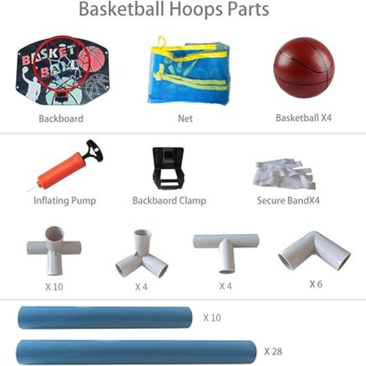 Complete Alinila kids basketball hoop kit including backboard, balls, pump, connectors, and frame parts.