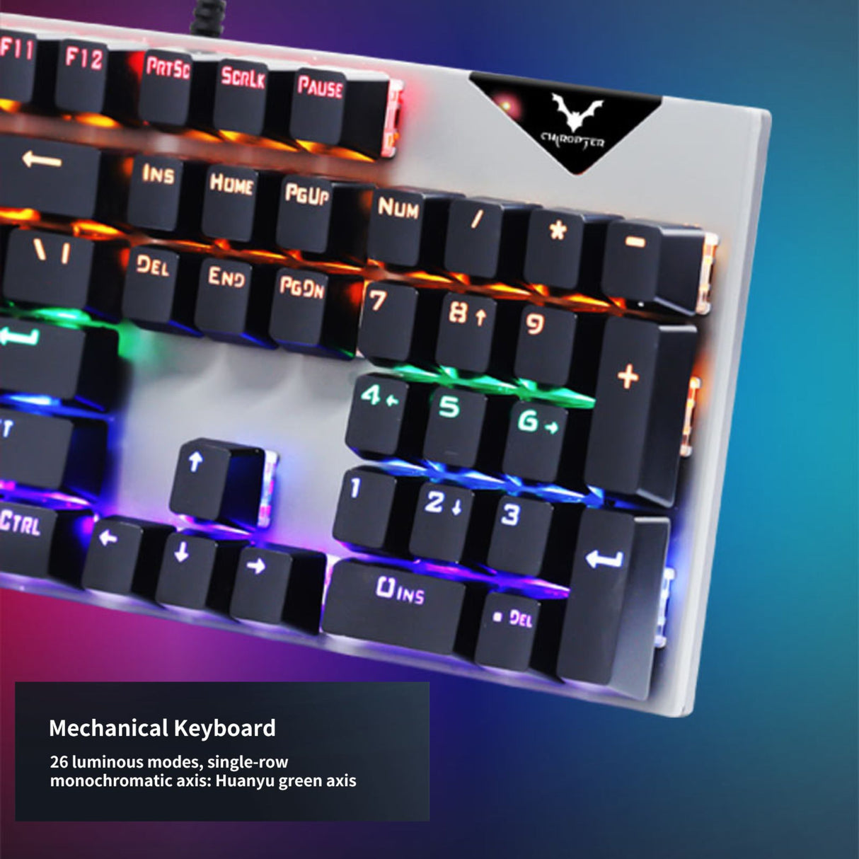 RGB gaming keyboard close-up showing illuminated keys and number pad. Mechanical keyboard with vibrant multi-color lighting.