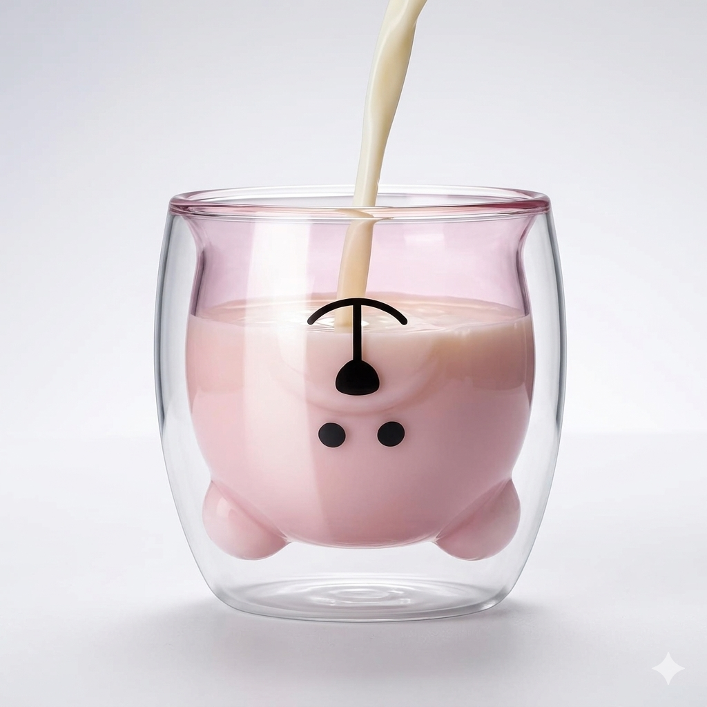 Double wall glass cup being filled with milk, highlighting the pink inner layer and face design. Insulated glass keeps drinks looking stylish and warm.