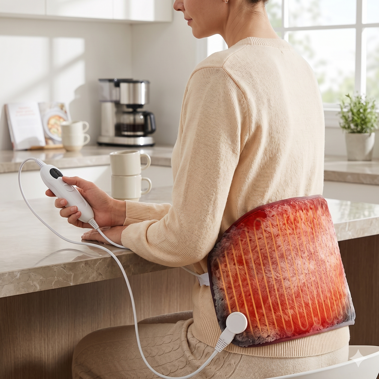 Woman using Bearhug weighted heating pad on back with visible heating wires