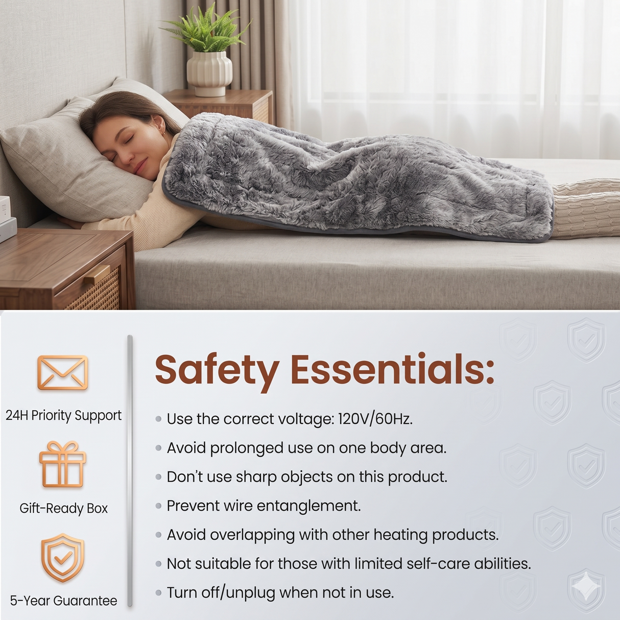 Bearhug heating pad safety guidelines and features overview graphic