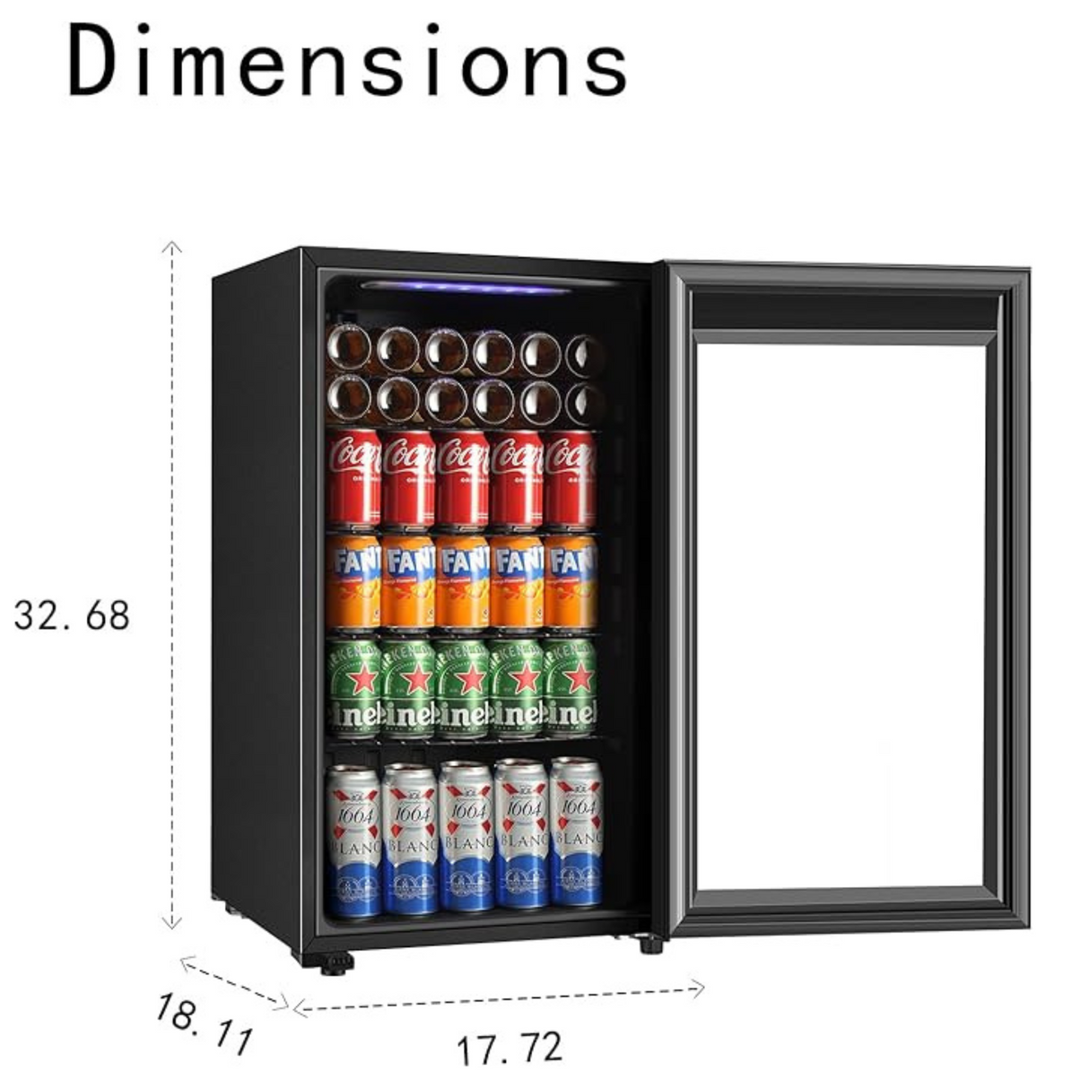 Size measurements of freestanding beverage cooler showing height, width, and depth.