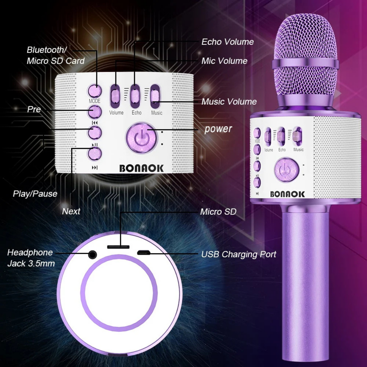 Bonaok 3-in-1 Portable Wireless Bluetooth Karaoke Microphone