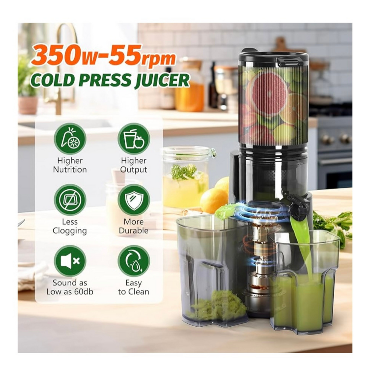 Cold Press Masticating Juicer with 5.4" Wide Feed Chute
