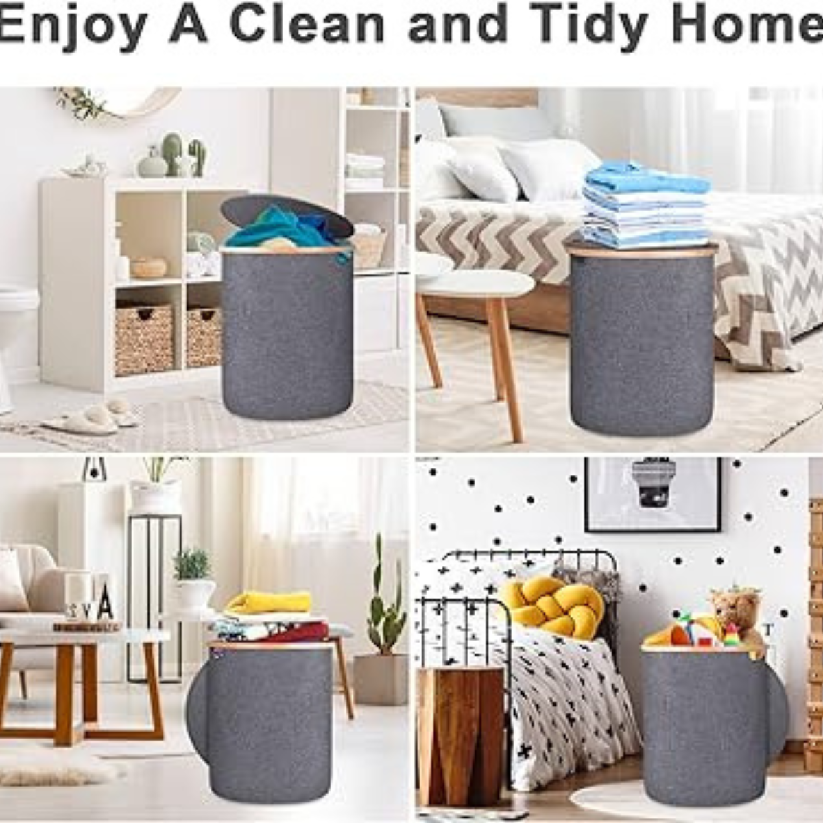 Collapsible Round Shaped Laundry Hamper with Lid and Bamboo Handle 90L