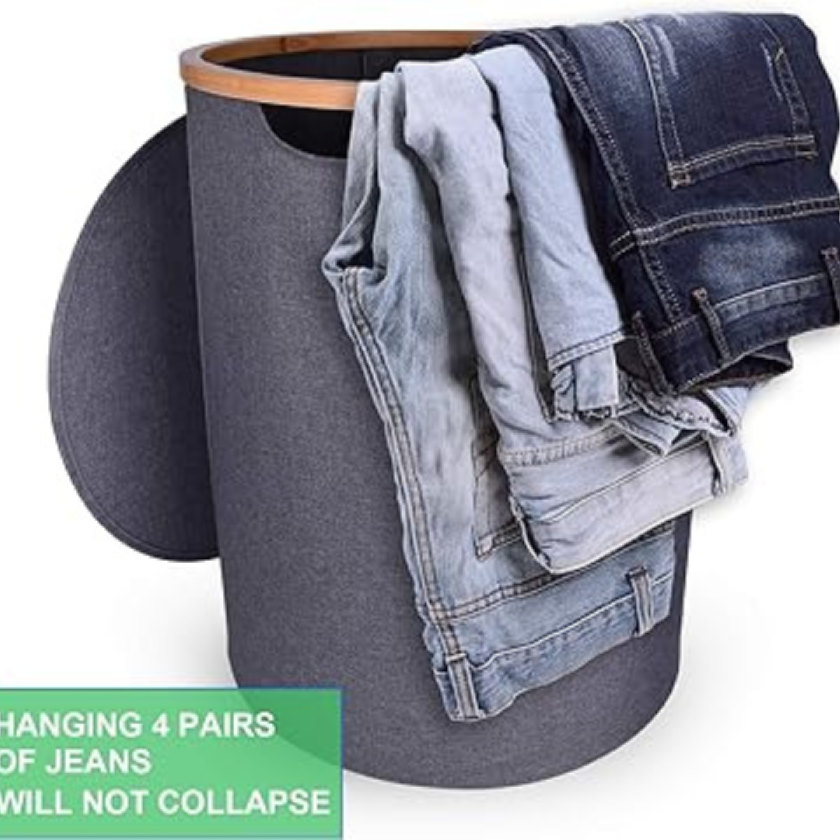 Collapsible Round Shaped Laundry Hamper with Lid and Bamboo Handle 90L