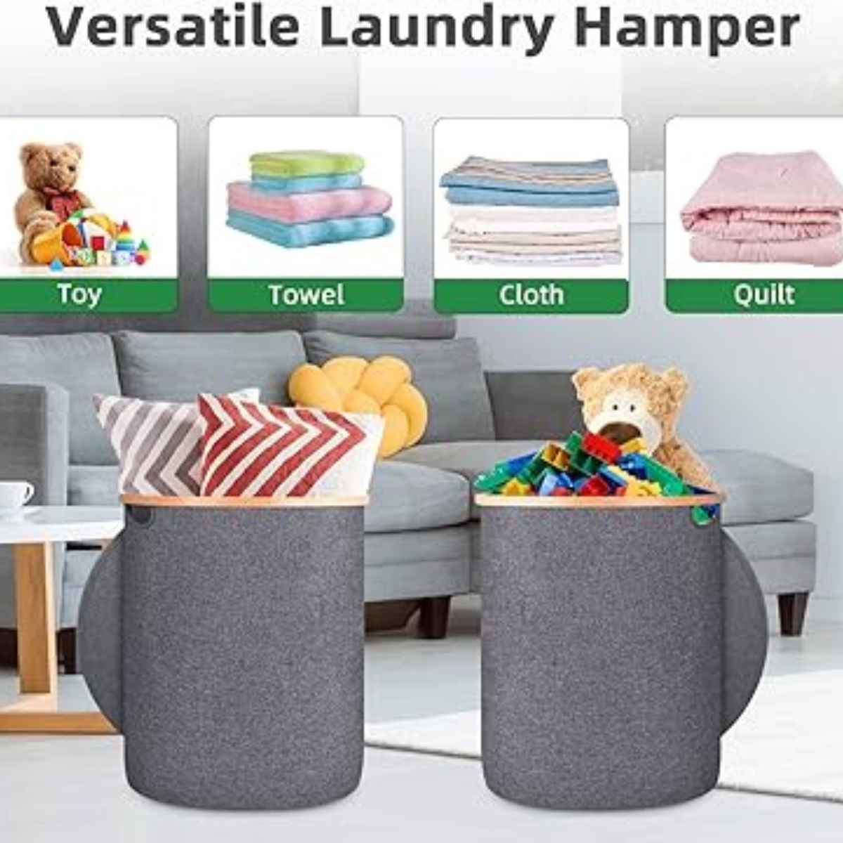 Collapsible Round Shaped Laundry Hamper with Lid and Bamboo Handle 90L