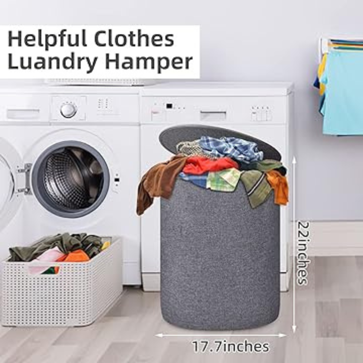 Collapsible Round Shaped Laundry Hamper with Lid and Bamboo Handle 90L