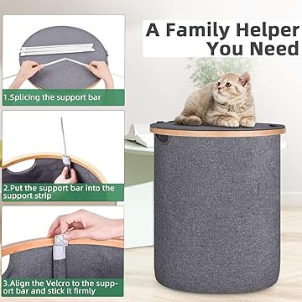 Collapsible Round Shaped Laundry Hamper with Lid and Bamboo Handle 90L