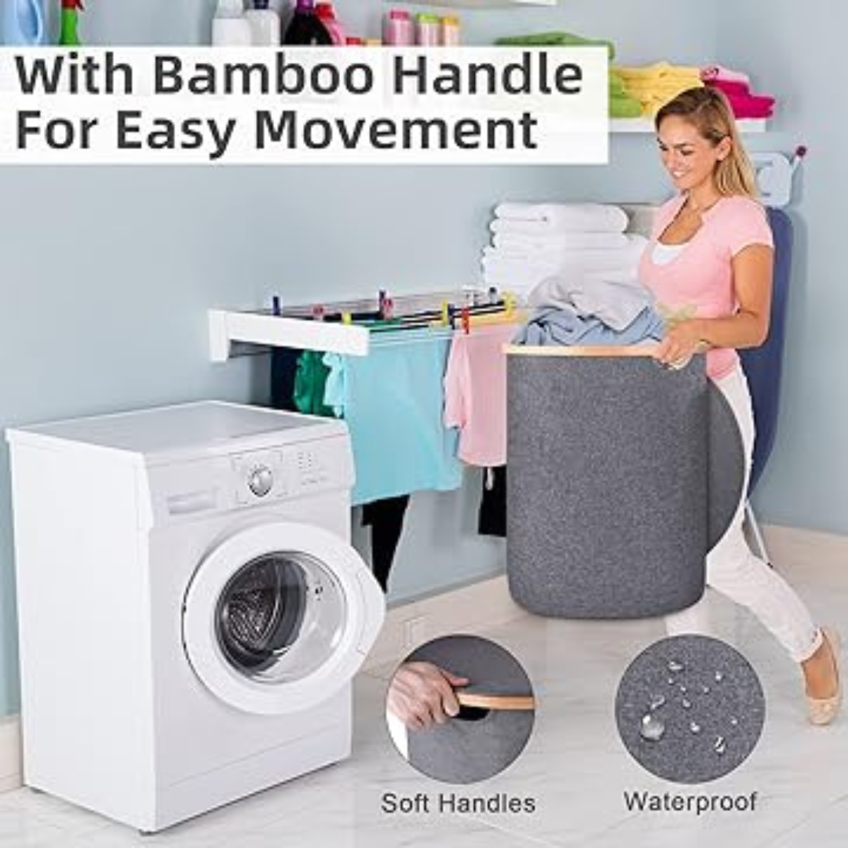 Collapsible Round Shaped Laundry Hamper with Lid and Bamboo Handle 90L